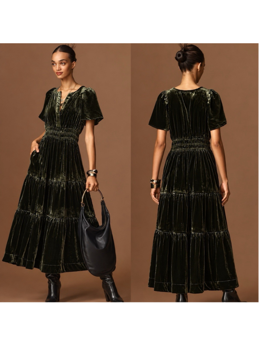 Anthropologie The Somerset Maxi Dress Smocked Plush Velvet Moss Green S
